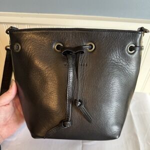 Wanderers Travel Co Leather Bucket Bag Drawstring Shoulder Crossbody Bag Black